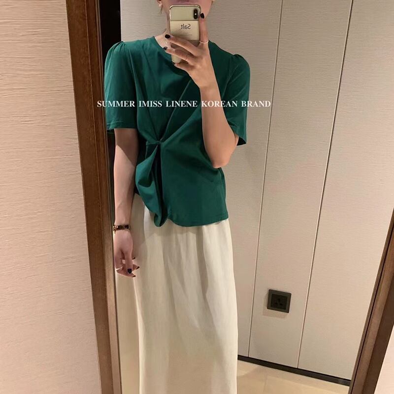 プリーツTシャツ サマーラウンドネックトップス 夏物 Oネック ビッグFスモールZ韓国96201533789