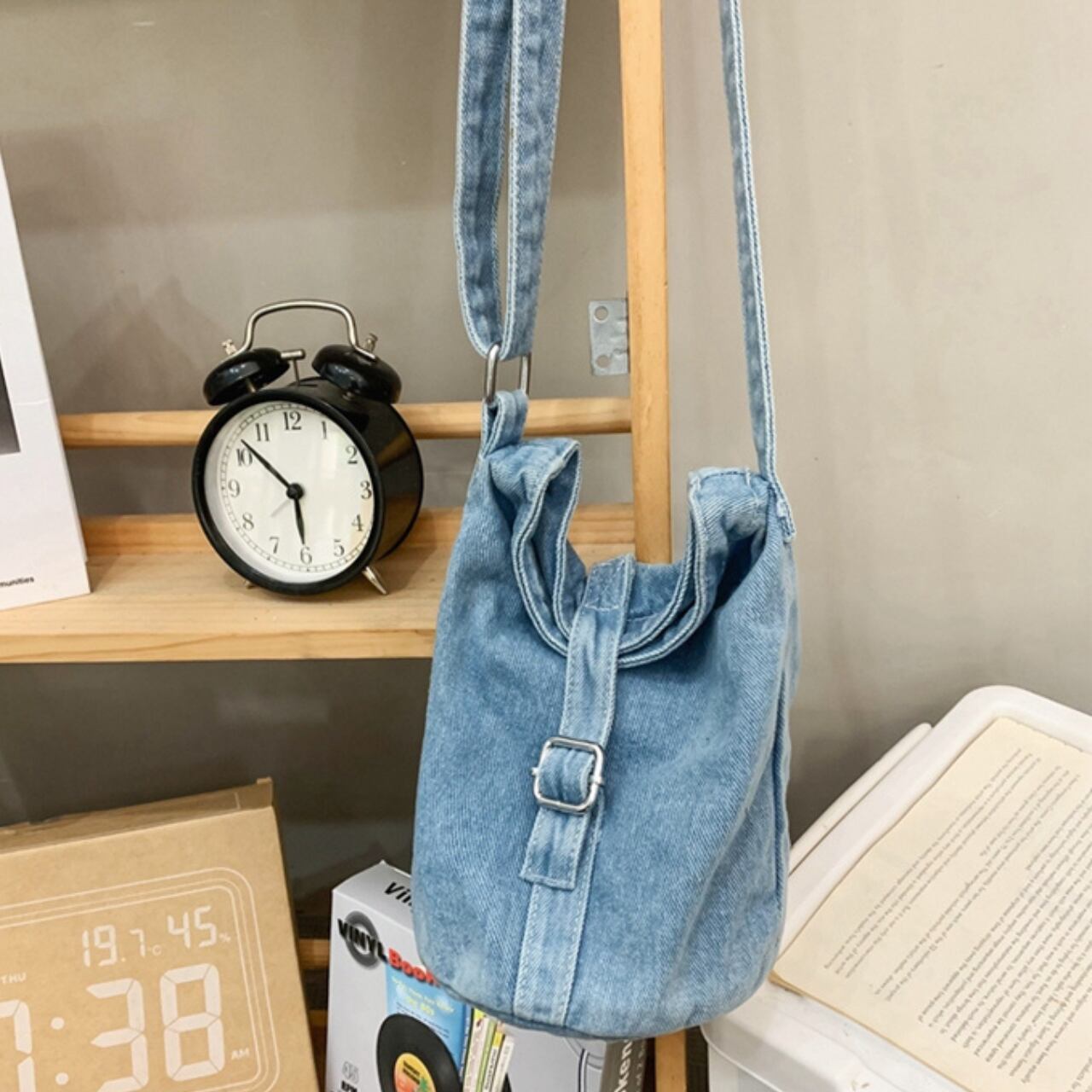 巾着型デニムバケット 斜めがけミニショルダーバッグ Ln00042