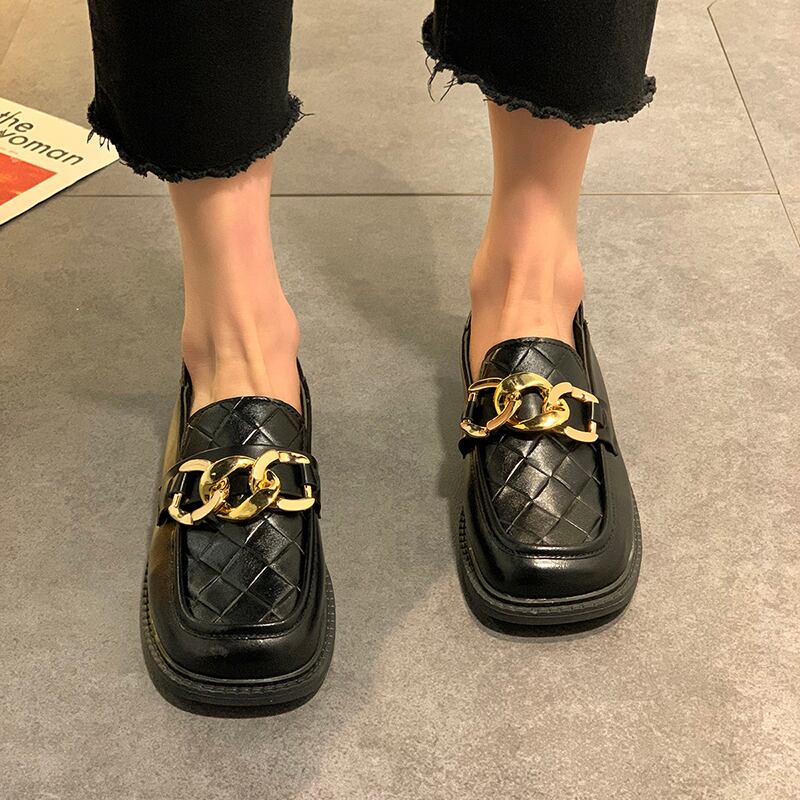 スタイルブラックレザースプリングスタンダードシングル 靴 シューズ レトロ ローファー 春物 スクウェア 部族の婦人靴96544668135