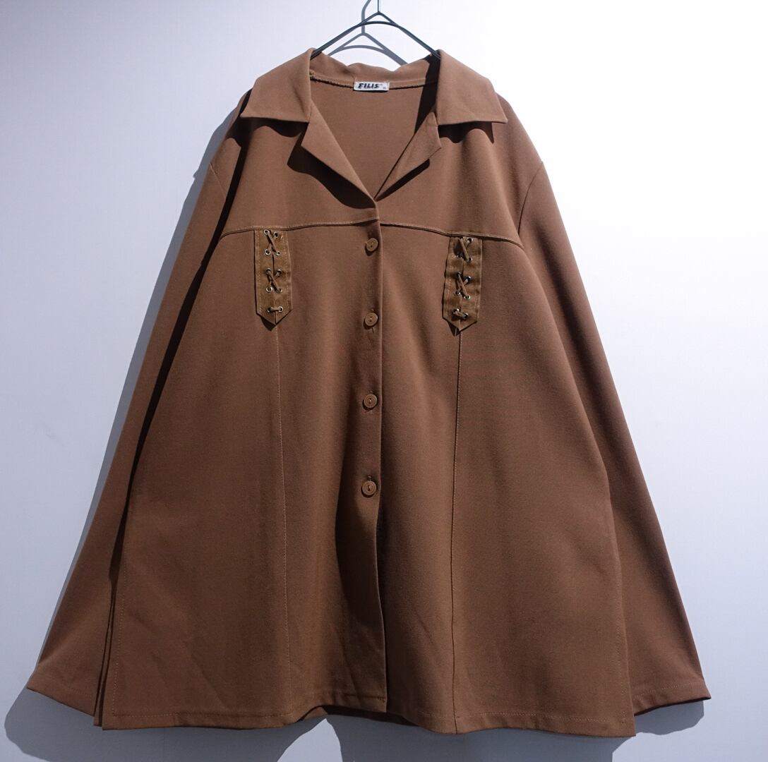 Brown Lace-Up Design Open Collar Shirt