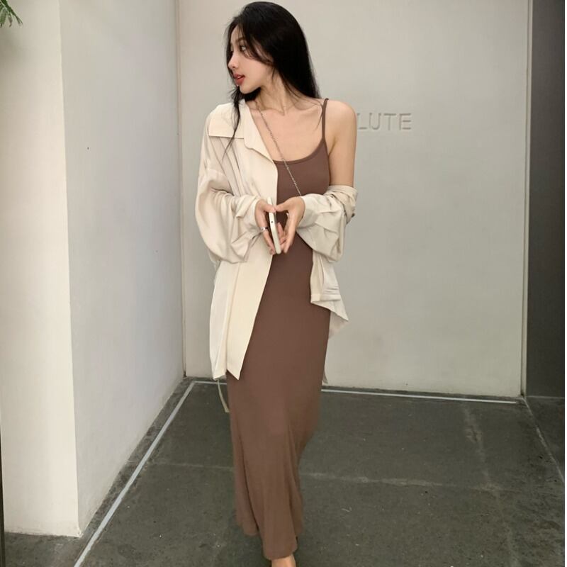 薄手シャツ サマースリムニットドレス ロングスカート レース 夏物 レースアップ YY-ファッション67294842418