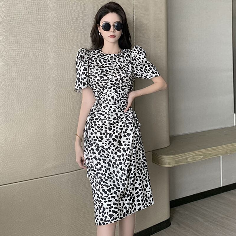 ラウンドネックスリーブレオパードプリント柄ギャザードレス レディース Oネック ハンチェンe14316711054
