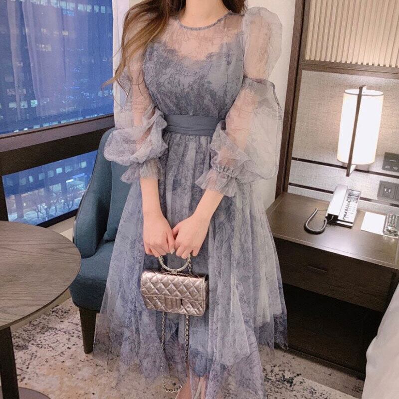 ワンピース レディース ドレス ロングワンピース 膝下 ミディアム丈 袖あり 長袖 Aライン 透け感 シースルー かわいい 大人可愛い きれいめ シンプル 上品 エレガント 清楚 フェミニン おしゃれ お洒落 綺麗 お嬢様 フォーマル セクシー おとな 送料無料 個性的 レトロ モダン 華やか 無地 デート パーティー フリーサイズ ブルー 青 ブラウン 茶色 春 夏 秋 記念日 食事会 謝恩会 結婚式 二次会 披露宴 演奏会 10代 20代 30代 40代 ママ 女性用 韓国 体型カバー スタイル モテ