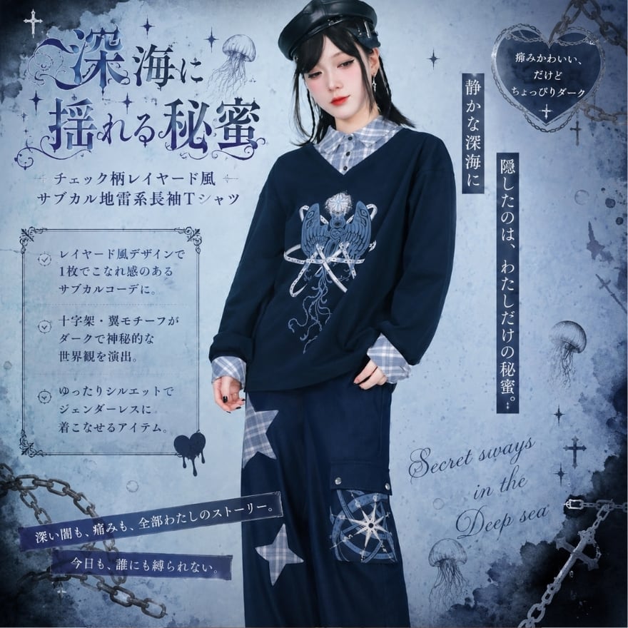深海に揺れる秘蜜 チェック柄レイヤード風サブカル地雷系長袖Tシャツ