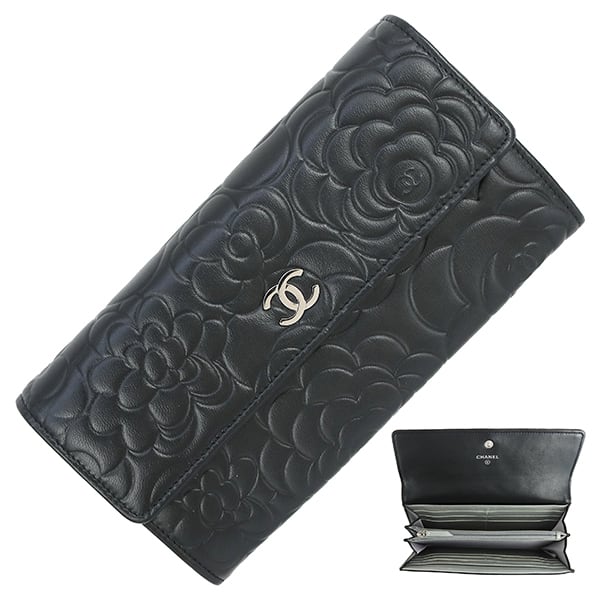 Used CHANEL シャネル 長財布 カメリア エンボス フラップウォレット ラムスキン ブラック シルバー金具 A50084 美品
