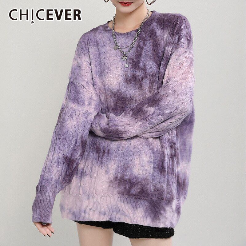 CHICEVER絞り染めセーター女性Oネック長袖ヒットカラー特大ニットストリートプルオーバー2020服 ロング 6base597432661205