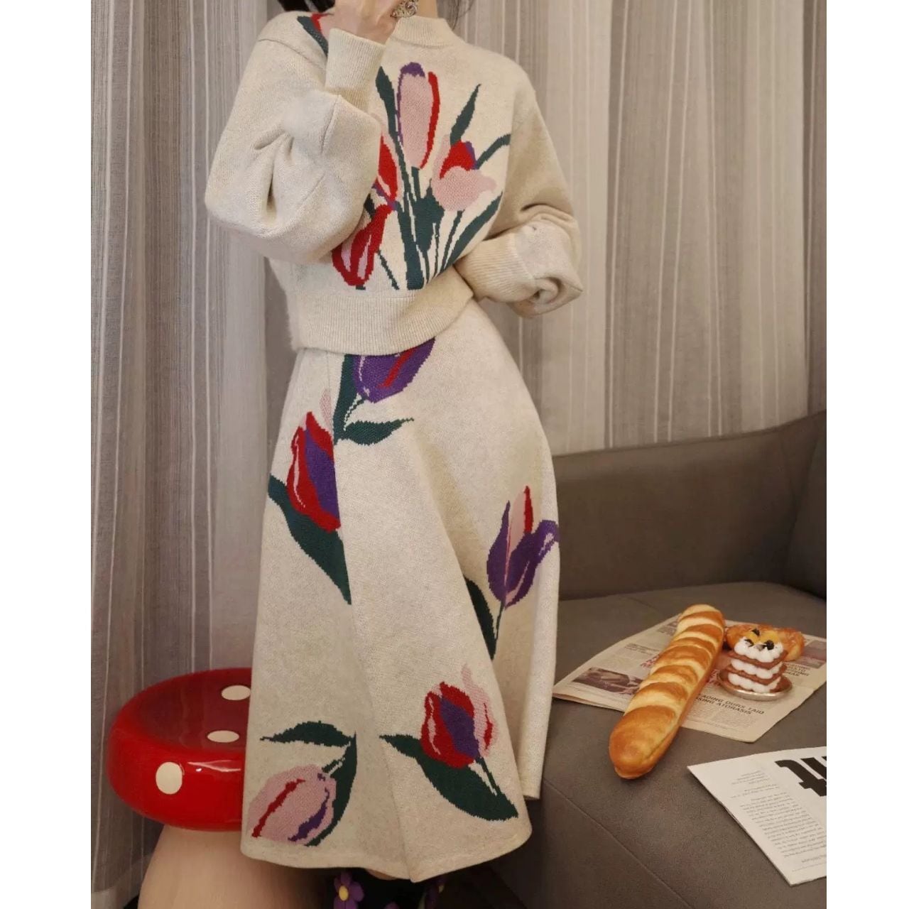 Cozy Flower Knit Setup(Top & Skirt) A1032