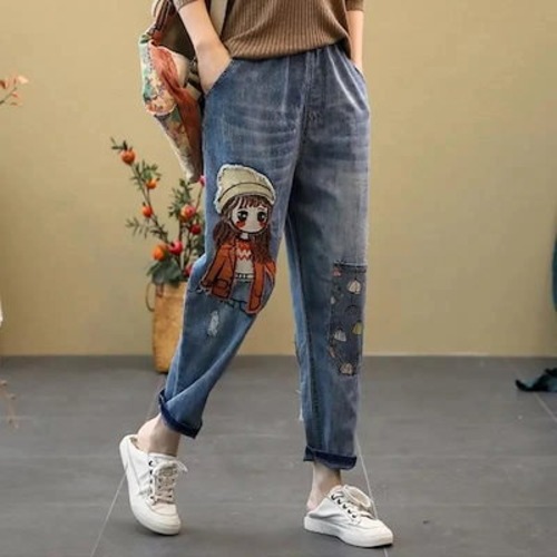 漫画ガール ワッペン 刺繍 ジーンズ レディース ゆったり 大きいサイズ ビッグポケット ウエストゴム ハーレムパンツ