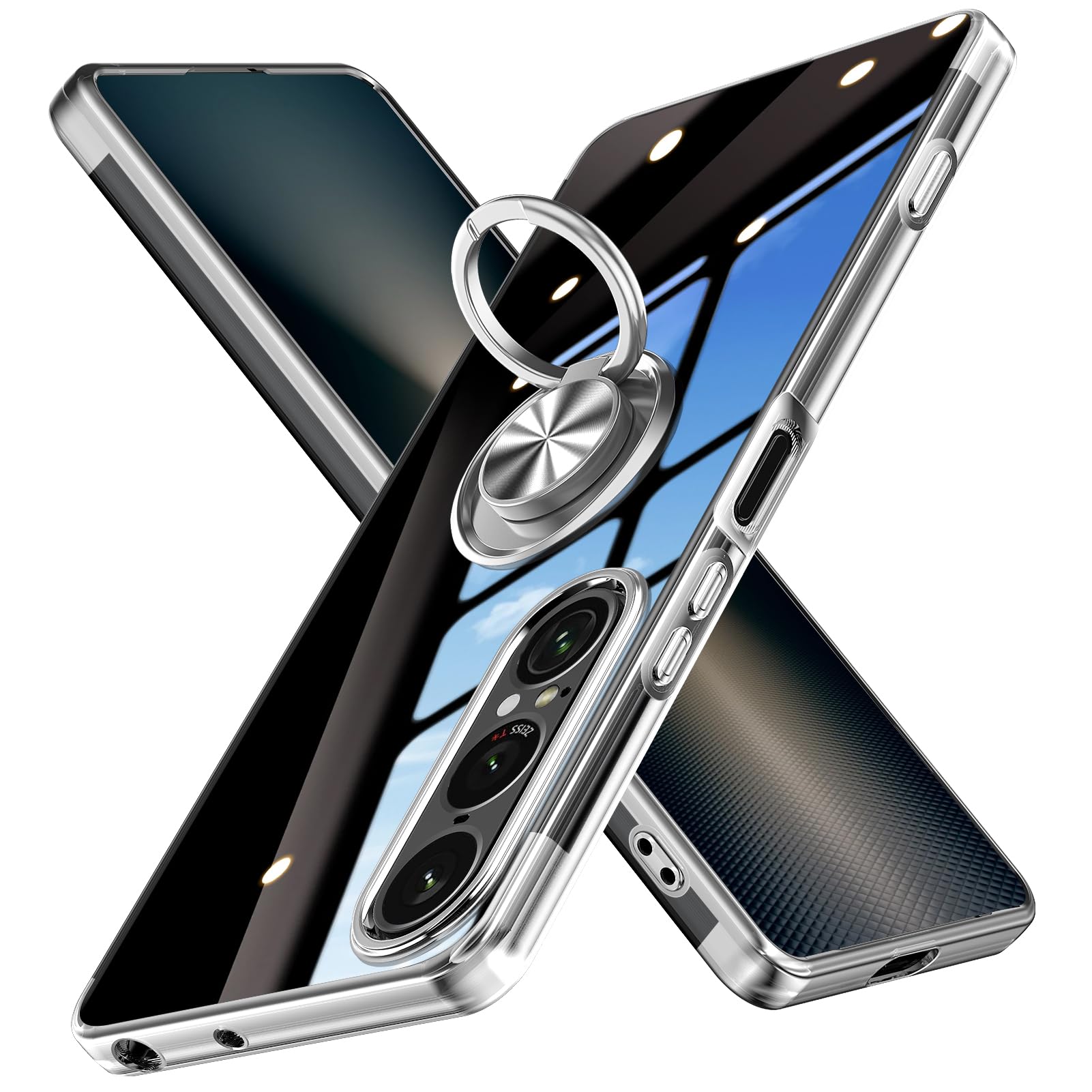 WOYSOBA 適合 Xperia 1 VII 用ケース リング クリア TPU ストラップホール付き シルバー