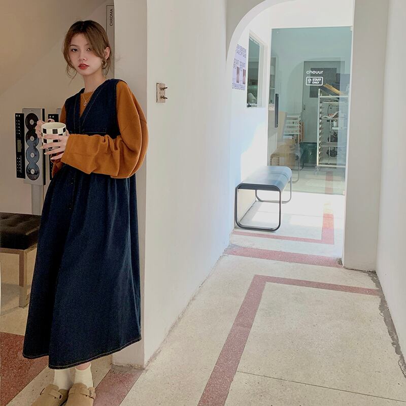 【未使用】ブルーレーベル デニム ジャンパー スカート ミモレ チェック 36 スカート ボトムス ジャンパースカート ジャンスカ ミモレ ミモレ丈