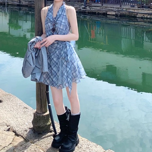 チェックホルターネックミニワンピ ・70232