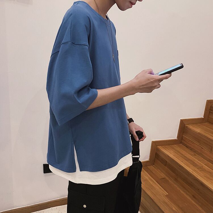 全2色 Tシャツ カットソー 無地 カジュアル 重ね着風 おしゃれ