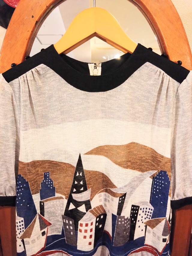 レトロな建築物柄アンティークワンピース/モダン風景夏生地国産古着洋服MADEINJAPANAntiqueVINTAGE
