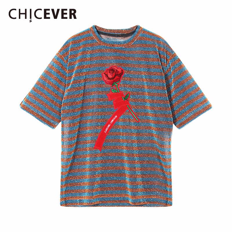 CHICEVERプリントフラワーTシャツレディースOネック半袖ヒットカラーストライプトップス2020年夏 ショート ハーフスリーブ サマー 夏物 フラワーデザイン 6base588875845599