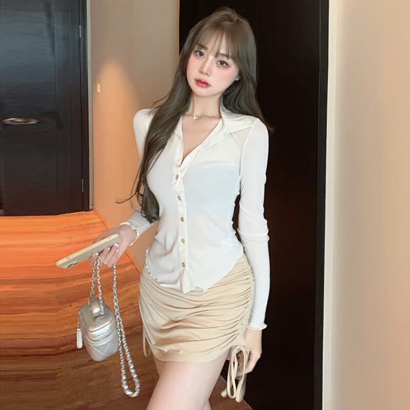 セット スリムフィットシャツ ハイウェストウェストプリーツスカート ハンチェンe48234559695