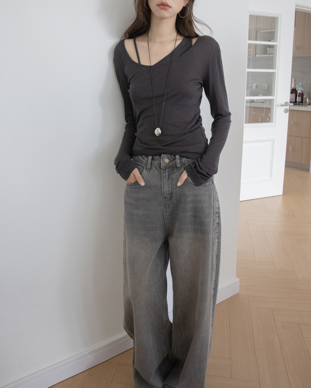U-neck long sleeve layered Tops　T20060