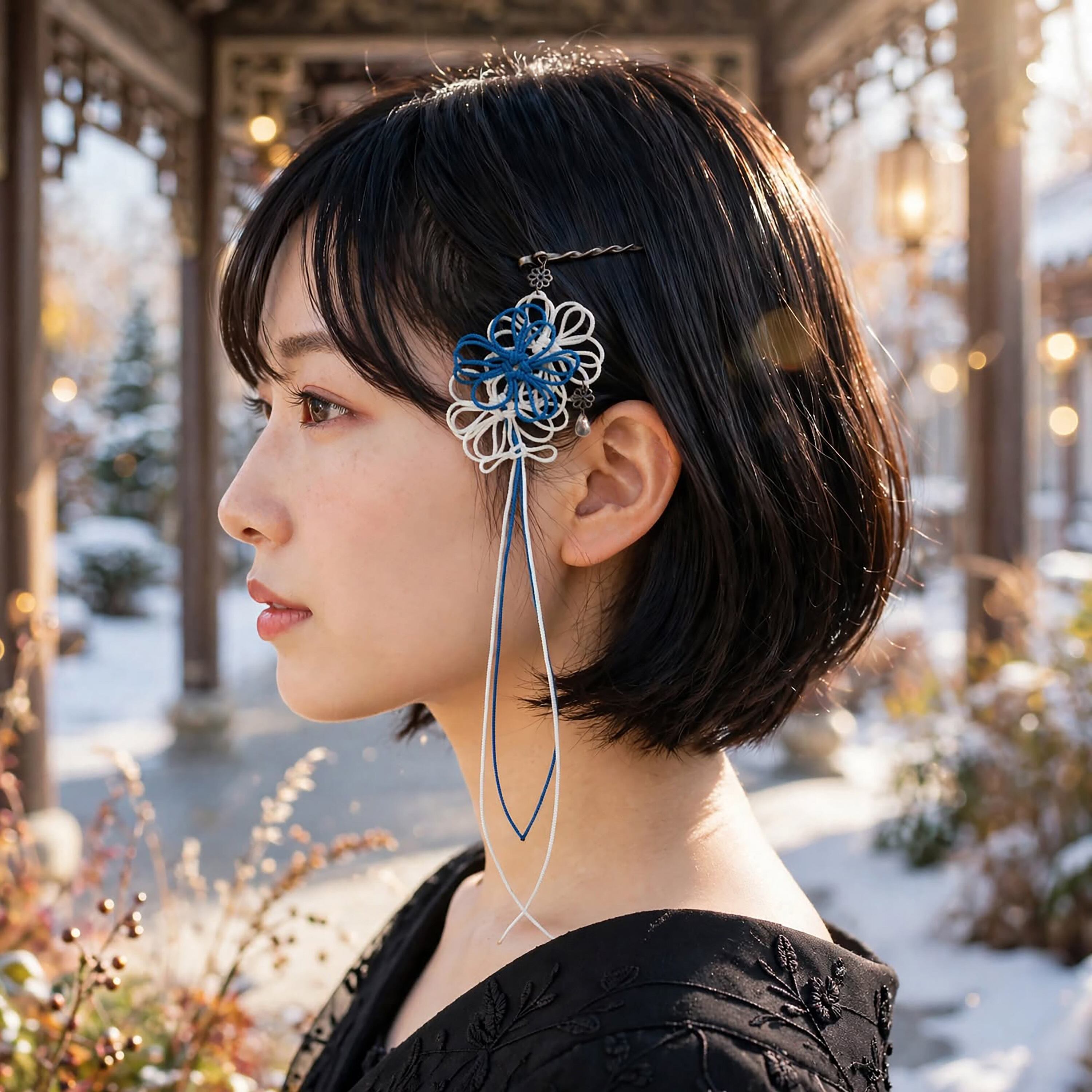 飾り結びヘアピン「輝の雪、此処に」(淡青×アイボリー)【軽量快適】ショートヘアも簡単和風アレンジ。