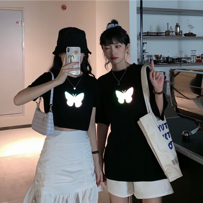 反射バタフライ半袖Tシャツ2020新しい女性の友人ルーズトップ学生ラウンドネック黒コンピオントシャツ 1号婦人24443547595