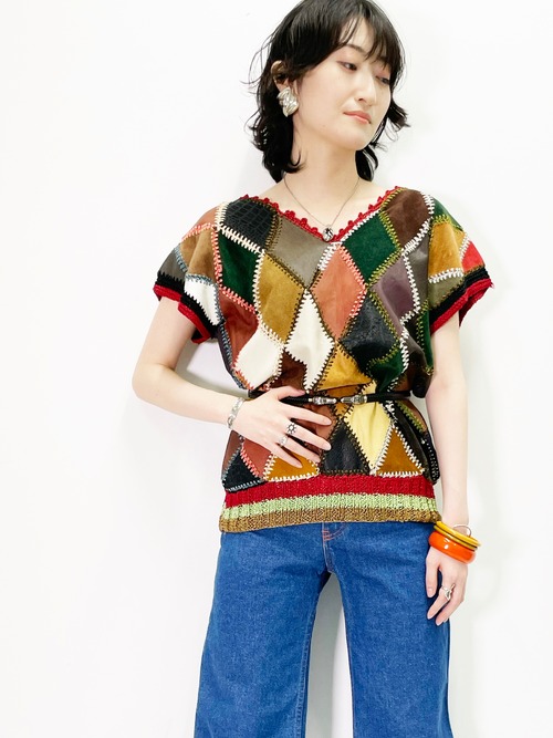 70's Vintage Suede Patchwork With Crochet Top