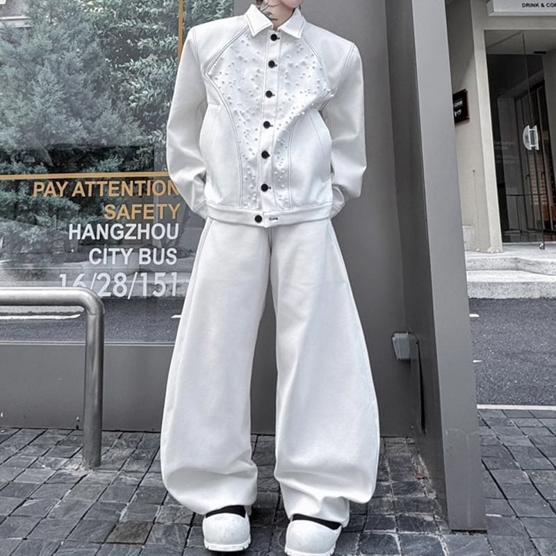 デニム素材 ボタン付きシャツジャケット&ワイドレッグパンツ 2color MSE0015