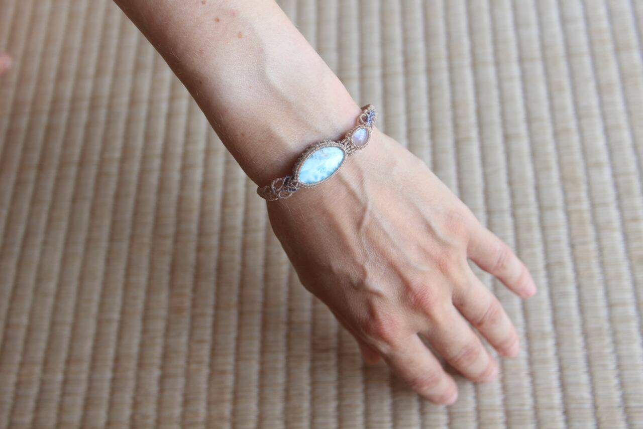 Larimar & Rainbow moonstone micro macrame bracelet