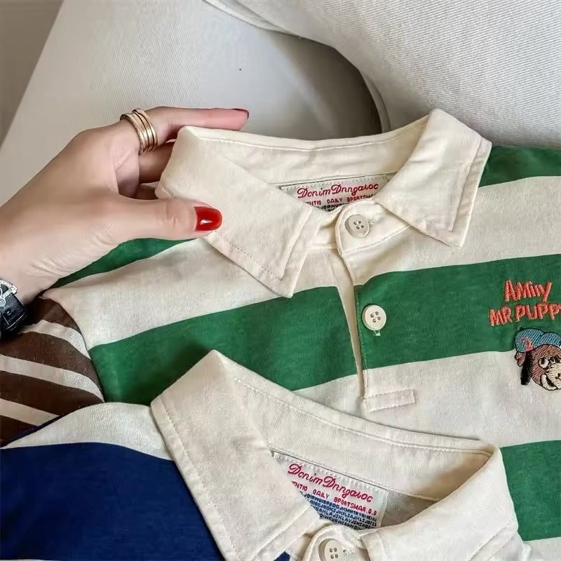 dog刺繍ボーダーポロシャツ