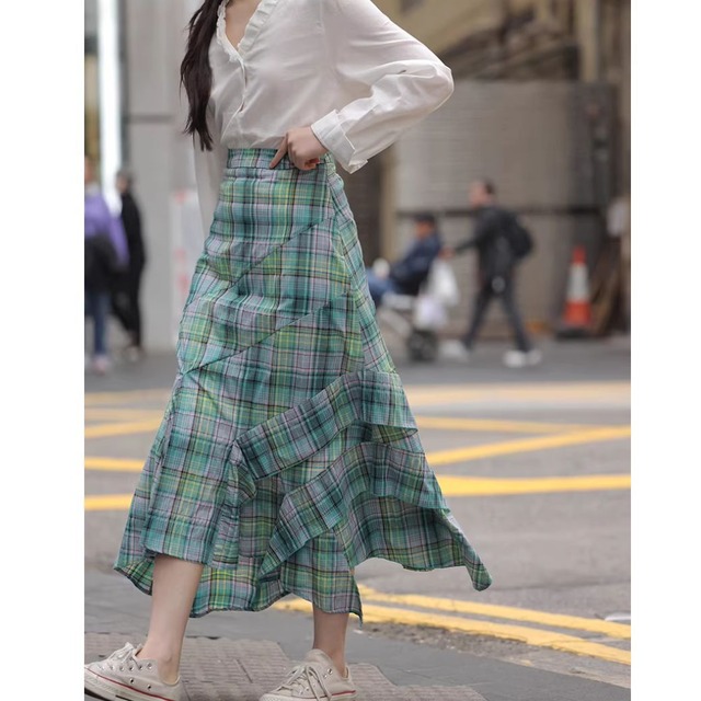 green plaid midi skirt