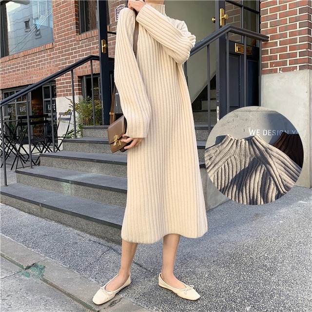 ハイネック シンプル リブニット  ロングワンピース★３色