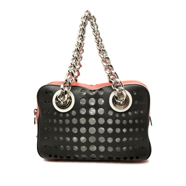 プラダ 三角ロゴプレート City Fori シティ フォーリ パンチング トートバッグ 1BB017 ブラック レッド レザー レディース PRADA 【中古】