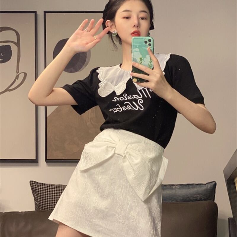 サマーカラーTシャツ トップス レディースリボンハイウェストウェストスカート 大人ガーリー スウィート キュート カジュアル 夏物 YY-ファッション95818274277