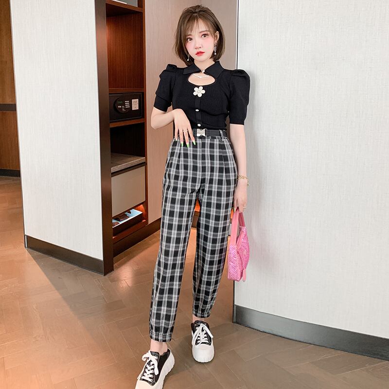 スリーブトップス スタンダード格子柄パンツ セット レトロ MIUCO15845395418