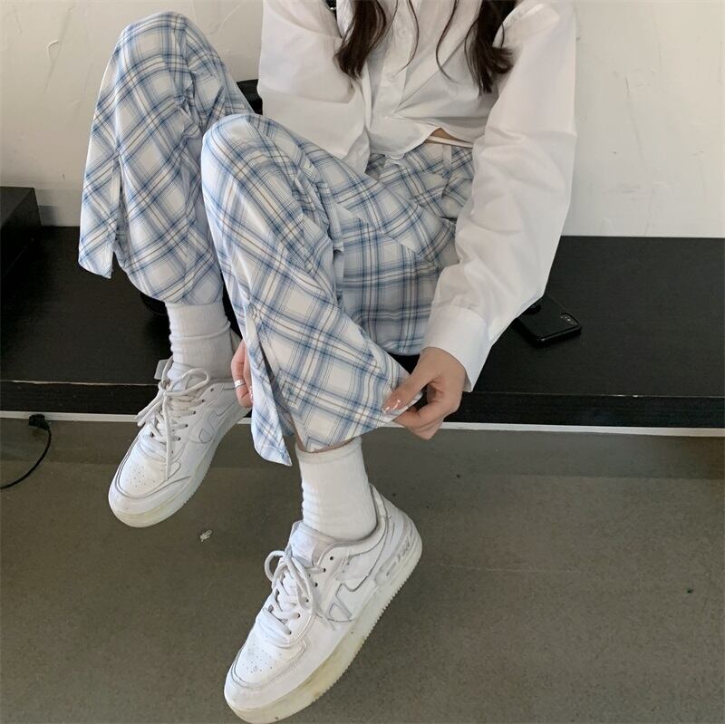 格子柄カジュアルパンツ オータムハイウェストウェストルーズ レッド 秋物 萌量不足41244893842