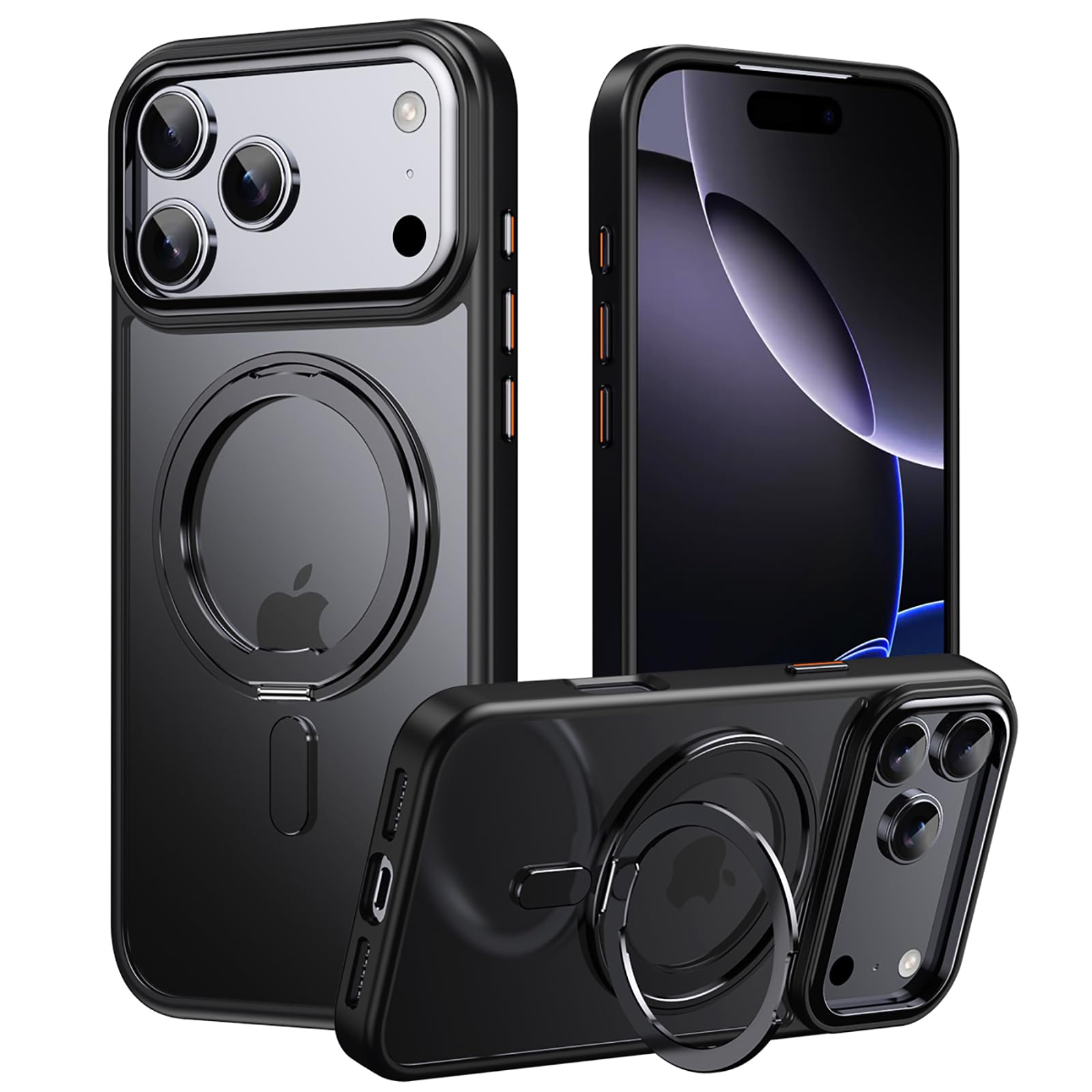 Casesmo iPhone 18 Pro/17 Pro 用 ケース MagSafe対応 リング付き いPhone18 Pro/17Pro スマホケース米軍MIL規格取得 耐黄変 耐衝撃 SGS認証 PC背面 半透明 マット仕上げ 傷つけ防止 薄型 軽量 ワイヤレス充電対応 【隠し収納式 360°回転スタンド】ストラップホール付き (6.3インチ), ブラック