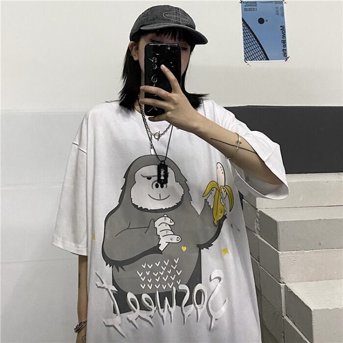 カジュアルTシャツ ルーズプリント柄ラウンドネックトップス Oネック ケッペル99029160847