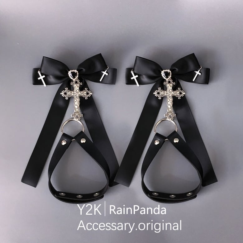 【即納 黒】ゴシックロリィタ/地雷系 リボン ヘッドドレス クロスモチーフ