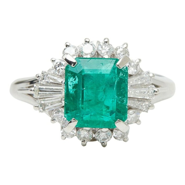 Pt900 プラチナ エメラルド1.64ct ダイヤ0.48ct フラワーモチーフ リング 指輪 レディース 11.5号 【中古】