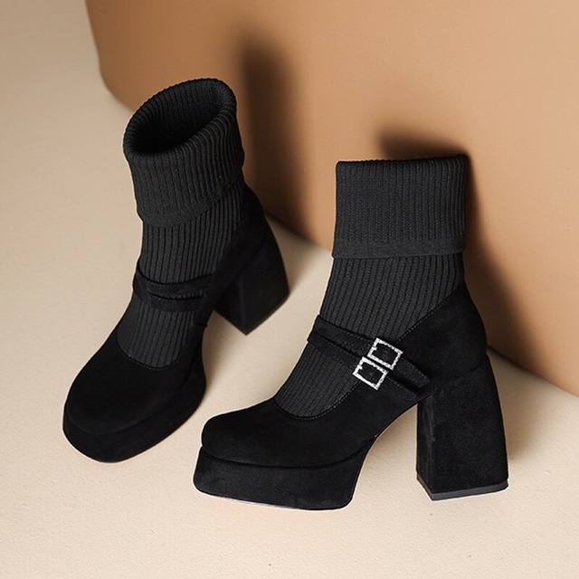 【33-40】Chunky heel sock boots　B1585
