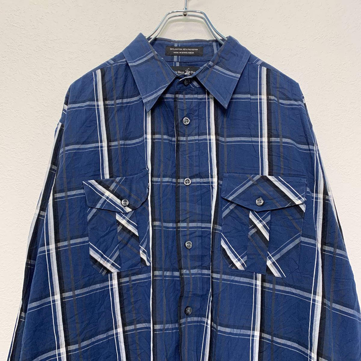 BEVERLY HILLS POLO CLUB 長袖 チェック シャツ XL ネイビー