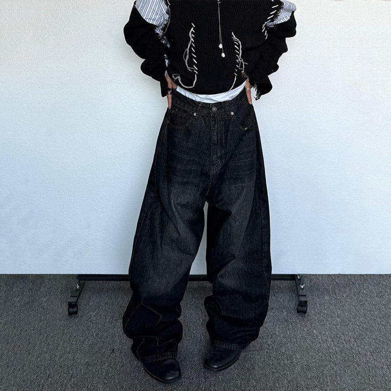 14GSL黒色ウォッシュドワイドデニムパンツ