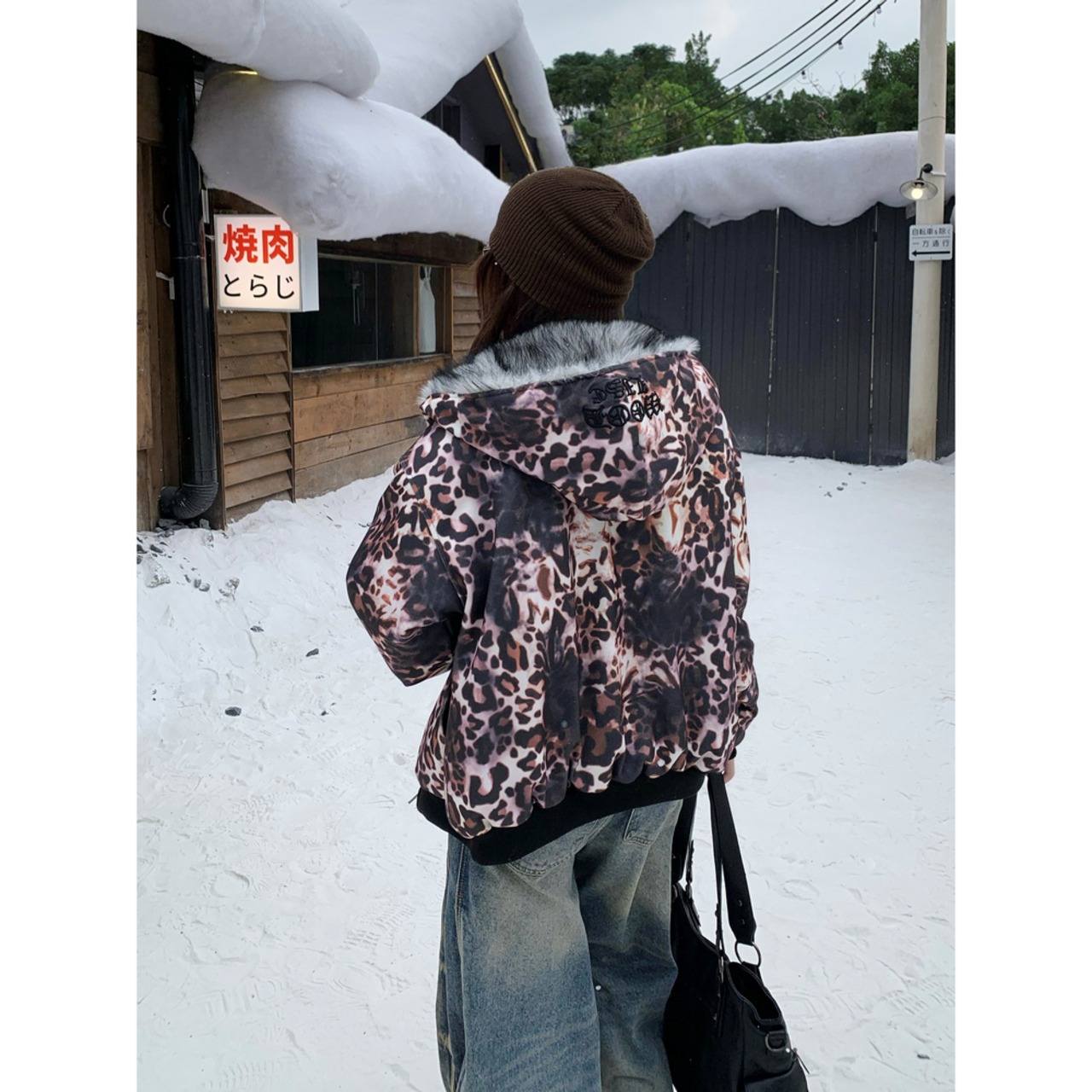 【暖かさUP】ヒョウ柄ファー中綿ジャケット T1963