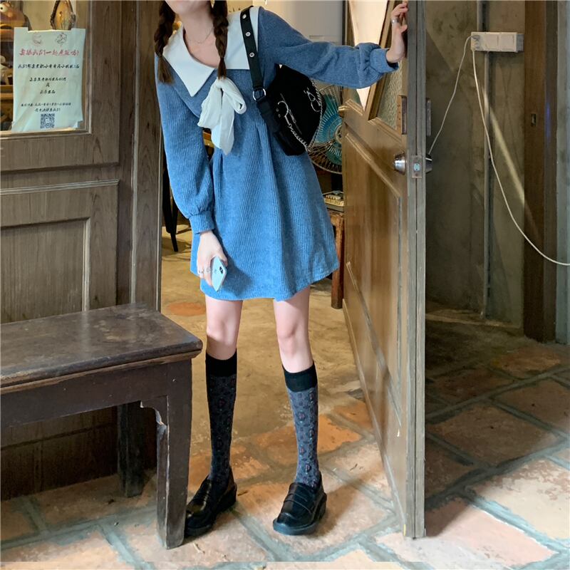 ウィンタードレス スタイルリボンスリーブウェストスカート 冬物 萌量不足5230933729