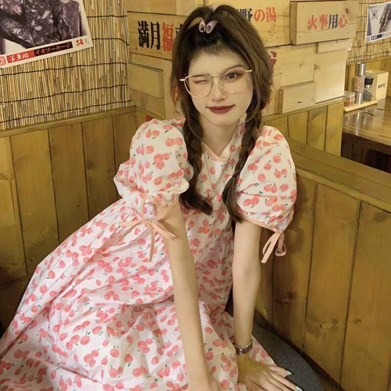 フローラルスリーブドレス サマーロングスカート レース 大人ガーリー スウィート キュート カジュアル 夏物 花柄 レースアップ スーパーモール40962152844