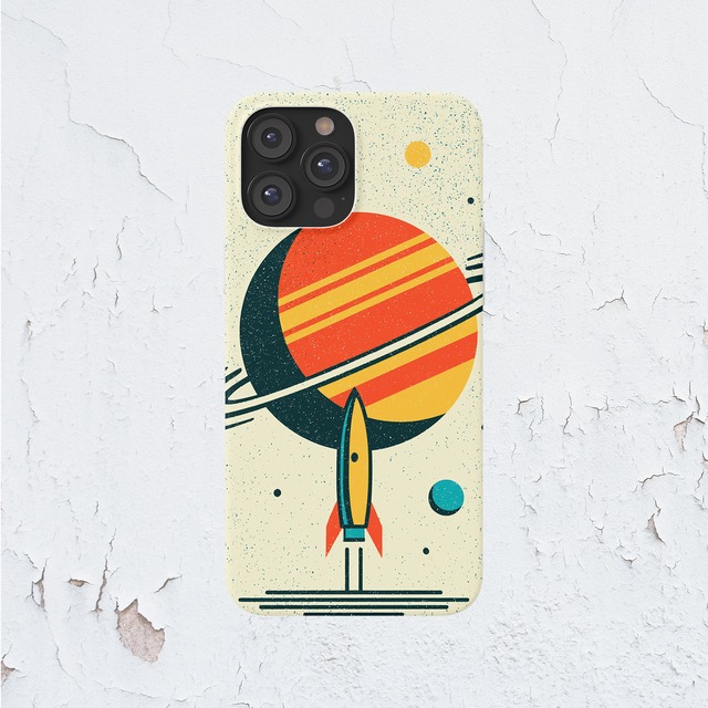 受注生産 iPhoneケース オレンジの惑星と宇宙飛行士のレトロ柄｜宇宙モチーフ RFSP008D