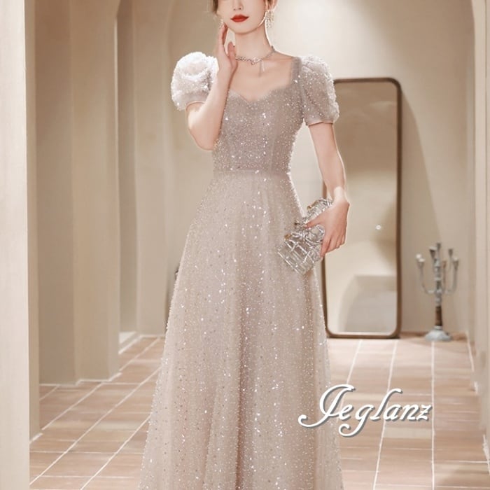 華やか パーティ イブニングドレス 背中 編み上げ キラキラ 光沢感(M7249)ζ