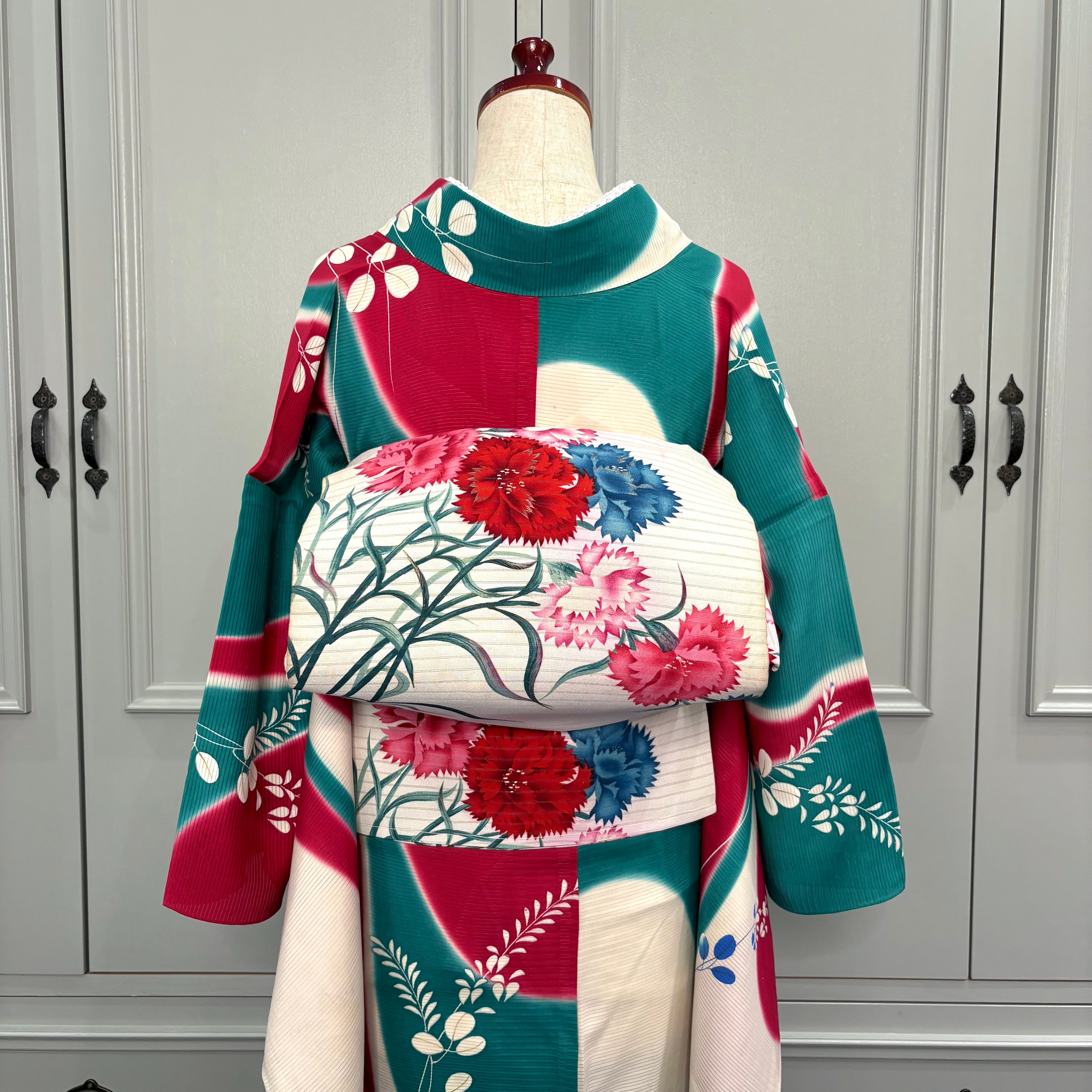 Retro bouquet＊夏帯 絽 染め帯 刺繍 カーネーション 赤 青 ブルー