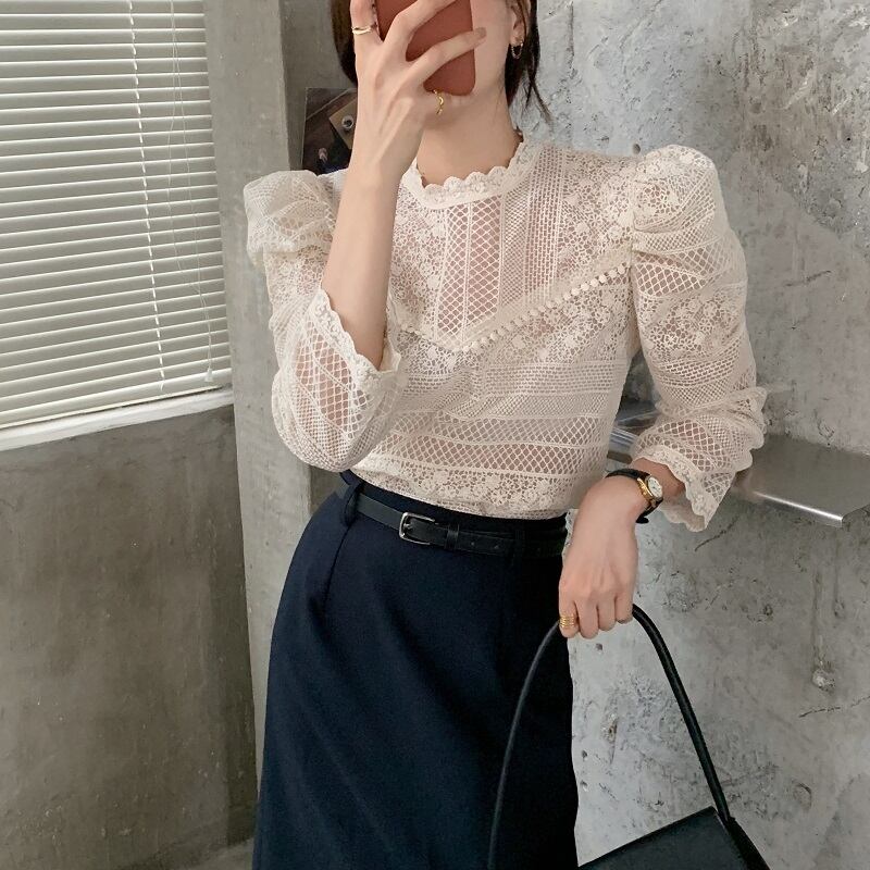 スタンダードスリーブシャツ レーストップス レディース レトロ ビッグFスモールZ韓国1458897616