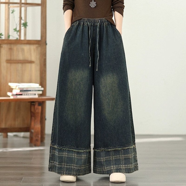 DRAWSTRING WAIST WIDE LEG DENIM PANTS 2colors M-15366