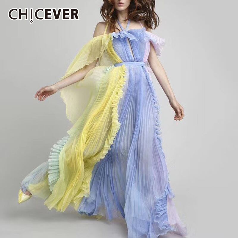 CHICEVERパッチワークパースペクティブドレス女性ホルターカラーケープスリーブ真菌ヒットカラードレス2020夏 サマー 夏物 6base525395295707