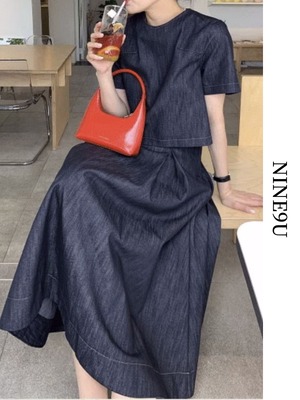 fake-denim back-button a-line blouse long-skirt【NINE7738】