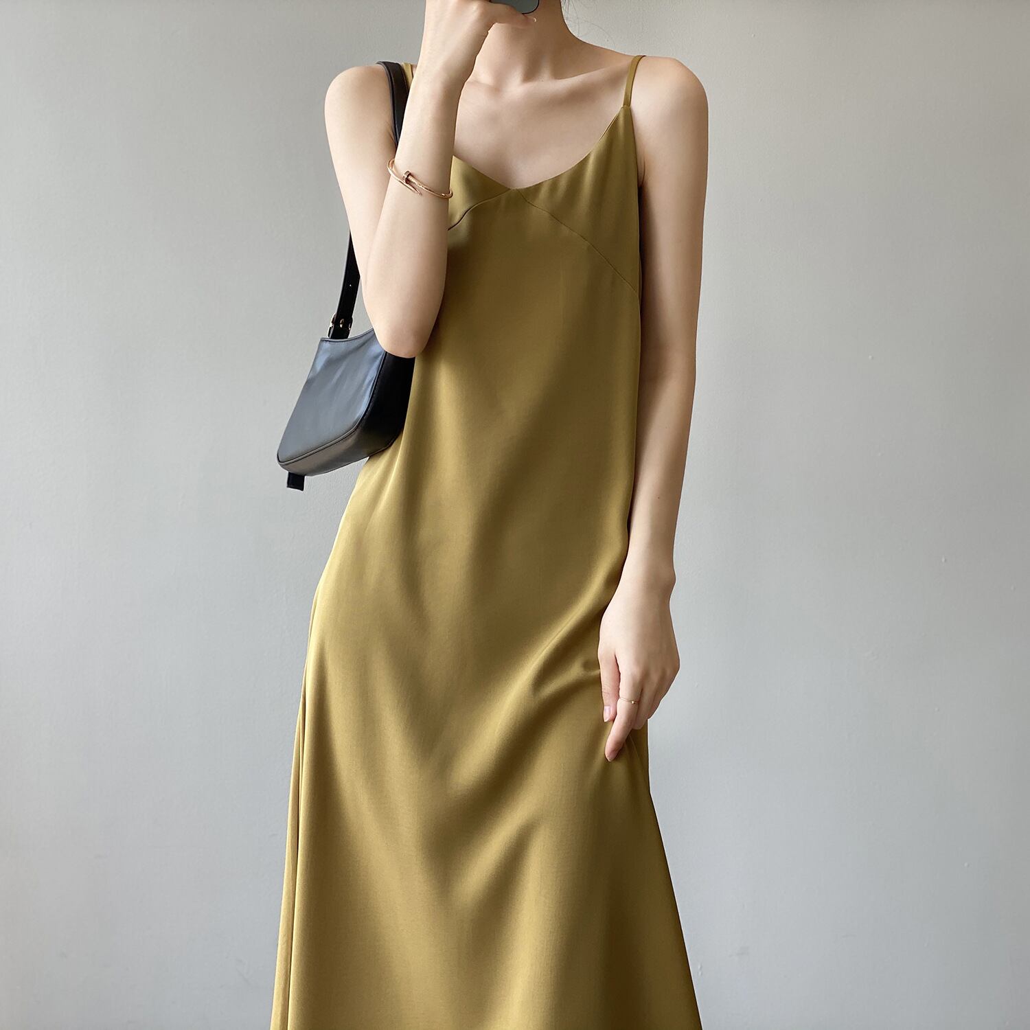 レトロ エレガント サテン Aライン キャミソール ワンピース  